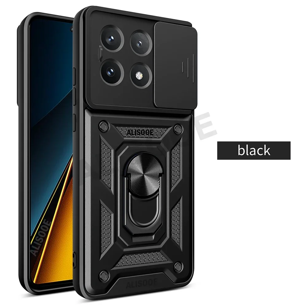 Funda For POCO X7 Pro / X6 Pro 5G Case Armor Slide Camera Lens Protection Cover for Xiaomi POCO X6 5G Ring Stand Shockproof Capa: CANVAS / black