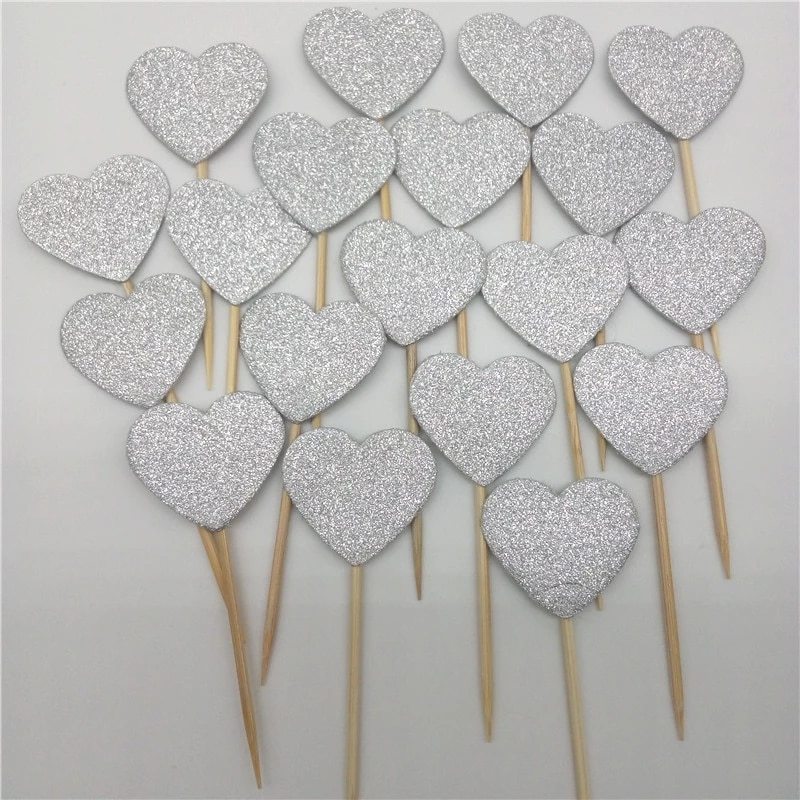 30 pièces/ensemble belle paillettes coeur étoile forme Cupcake Toppers anniversaire fête de mariage décoration gâteau décoration de gâteau nourriture Pi: silver