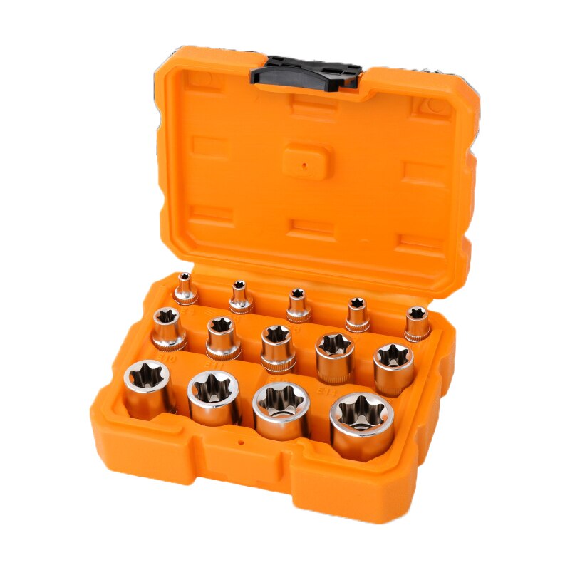 14pcs/set E Plum Blossom Star Female Drill Bit Socket Set 1/2" 3/8" 1/4" Driver E4-E24 Repair Tool Hand Tool Set: Orange