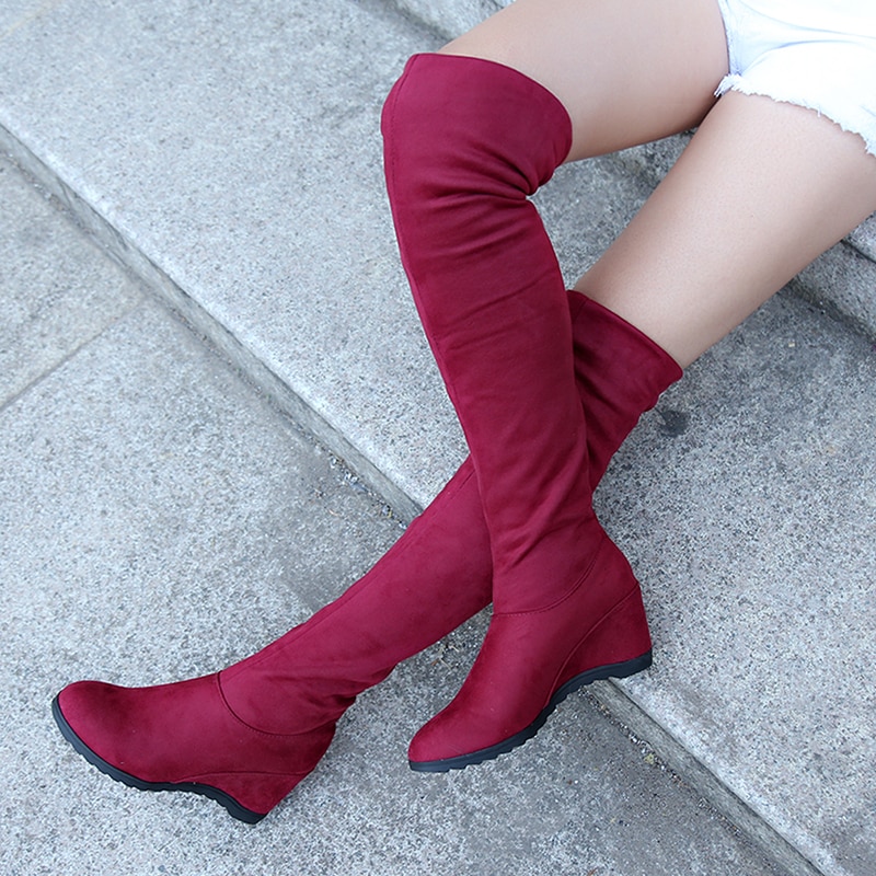 Mode Vrouwelijke Winter Aututmn Dij Hoge Laarzen Rubber Platform Hoge Hakken Vrouwen Over De Knie Schoenen Plus Size 34-43