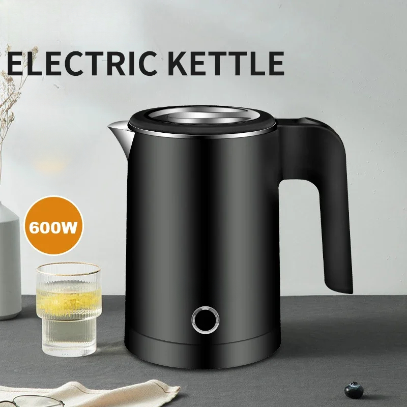 Kleine elektrische Wasserkocher aus Edelstahl für kochendes Wasser, 0,8 l, Reise-Mini-Warmwasserboiler, Heizung, doppelwandige tragbare Teekanne