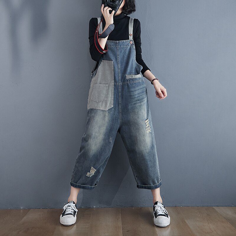 Ropa de calle gris negro mujer mono mezclilla holgada oversize rasgada Mom Jeans monos camal ancho Patchwork bolsillo Correa pantalones holgados