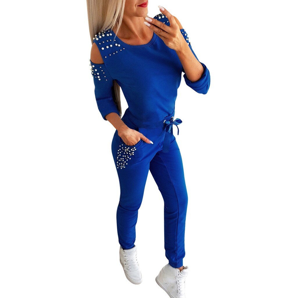 Two Pieces Women Set Autumn Solid Color Beading Jogging Running Sports Suits Casual Slim Fit Leisure Sport Suit #3: Blue / S