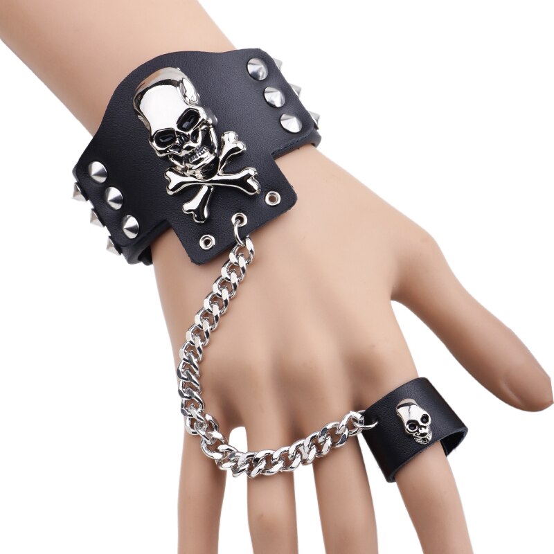 Hip hop bijoux Rock Bracelet pointes Rivet gothique squelette crâne Punk large manchette Bracelets en cuir Bracelet pour femmes hommes bijoux