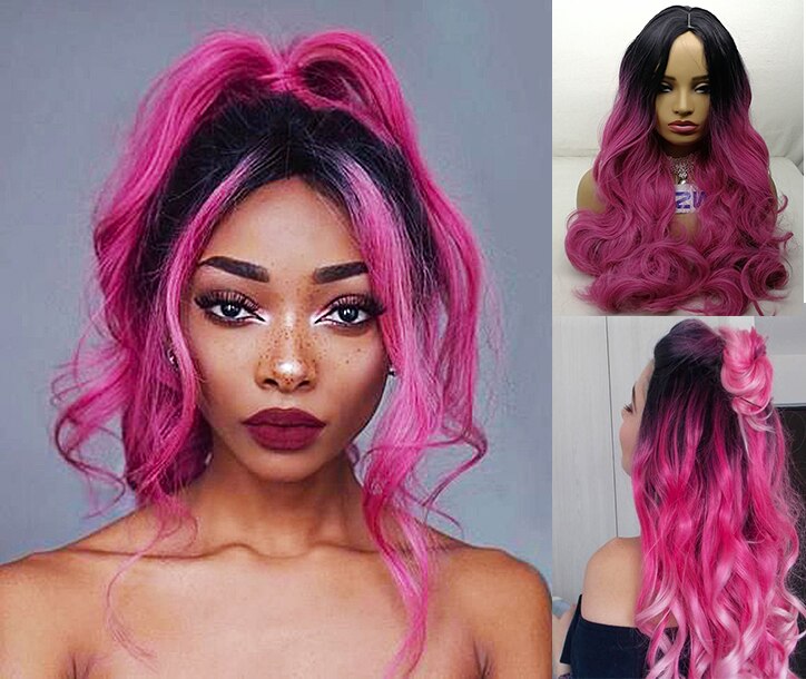 WHIMSICAL W Women Medium Long Curly Wigs Natural Ombre Mixed Purple Black Color Heat Resistant Hair Synthetic Wig for Women: Black pink