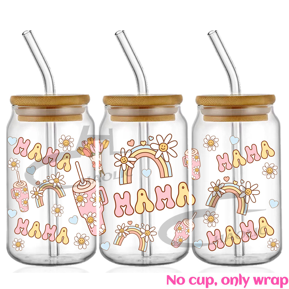 Envolturas de copa UV DTF, transferencias, del Día de la madre, pegatina para mamá, transferencia de hierro para lata de vidrio, libbey de 16oz: XL / Opaco