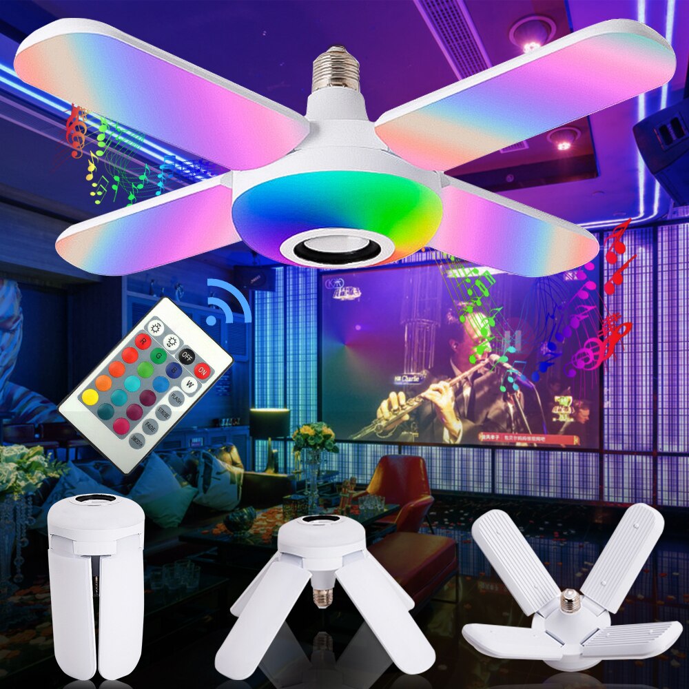 Kleurrijke bluetooth muzieklamp rgb vier bladeren waaiervormig 50w e27 led-lamp met afstandsbediening opvouwbare lamp slimme luidsprekerlamp