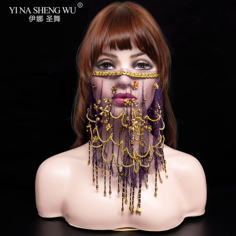 Bellydance Face Veil Women Indian Belly Dance Face Veil Tribal Belly Dance Veils For 9 Colors Available: Plum flower Purple