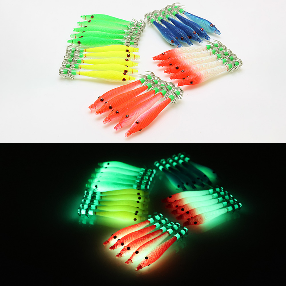 Señuelos de pesca fluorescentes, 5 uds., 6cm, 7cm, 9cm, 11cm, anzuelo de calamar, plantillas de sepia, cebo, camarones de madera, aparejos de pesca de mar ﻿