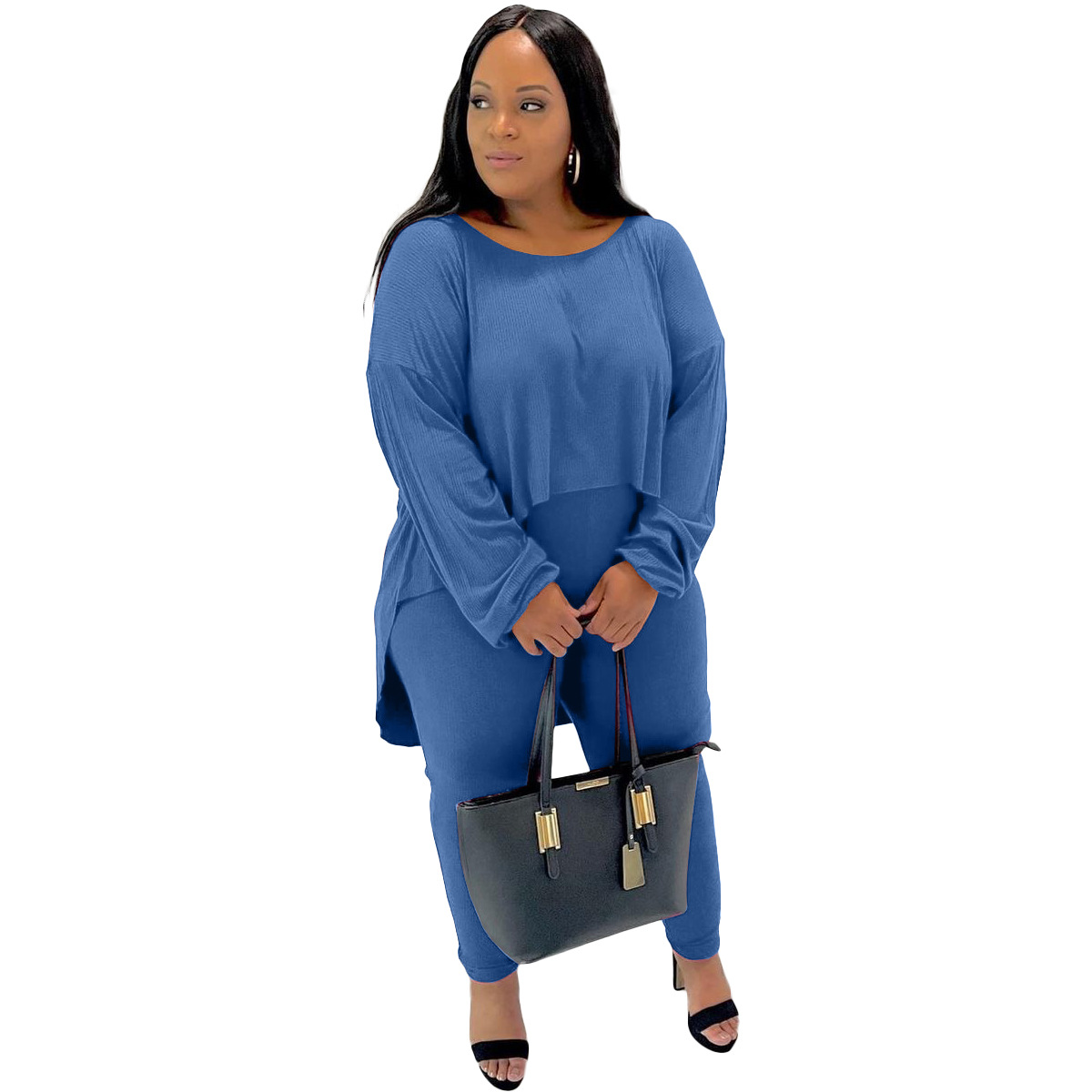 Plus Size Casual Ribbels Loungewear Solid Vrouwen Tweedelige Set Losse Lange Mouwen Ronde Hals Onregelmatige Shirt Bijpassende Pak Pyjama: blue / Xl