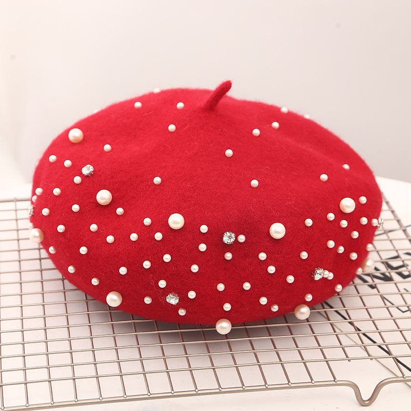 neue Winter warm Französisch Perle Strass Baskenmütze Hütte Elegante Mütze Kappen Einfarbig lässig Herbst Hütte für Frauen mädchen: rot