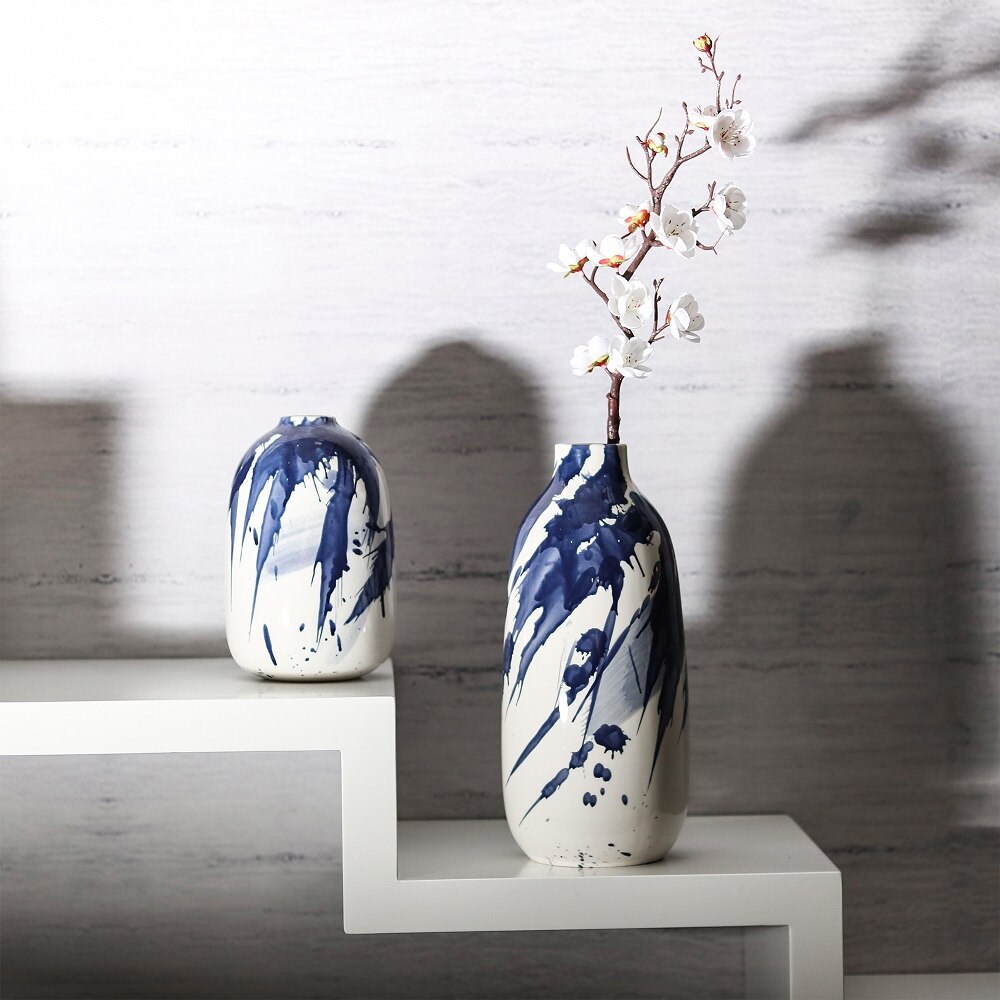 Teresa's Collecties 2Pcs Keramische Vazen Blauw Wit Chinese Vazen Aquarel Geglazuurd Decoratieve Bloempot Thuis Desktop Decor