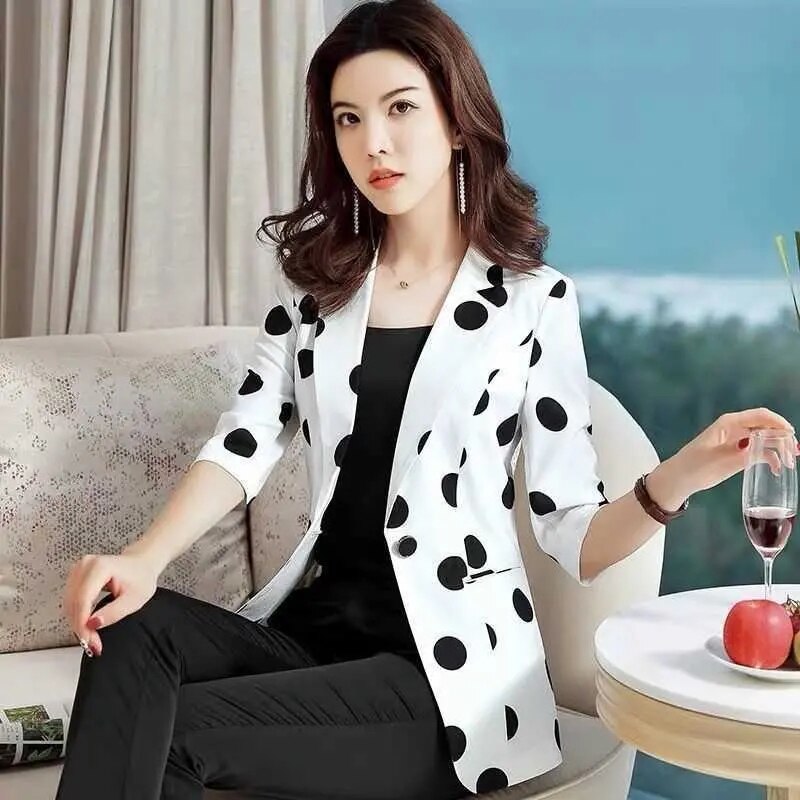 Polka Dot Ssuit Jas Vrouwelijke Ins Lente Zomer Koreaanse Dunne Gedeelte Slim Print Een Gesp Blazer Moeder tij 427