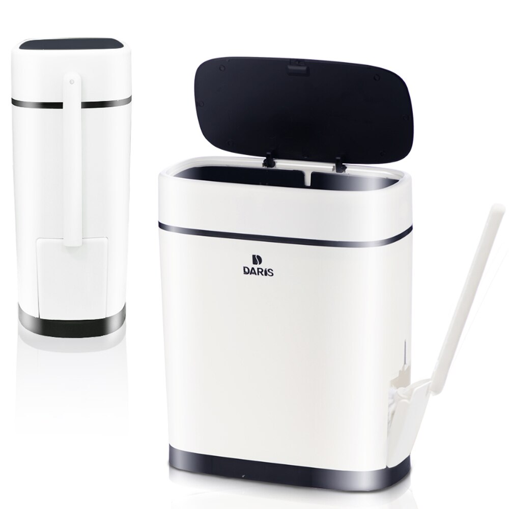 2 IN 1 Slim Plastic Trash Can With Toilet Brush Holder Toilet Narrow Garbage Bin Press Style Bathroom Garbage Bin