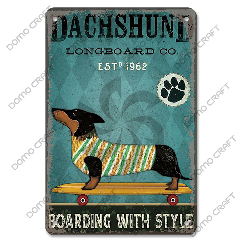 Póster de perros bonitos, carteles de Metal de estaño, placa de Metal Vintage Bulldog Dachshund, decoración artística de pared para cafetería, cocina, jardín y hogar