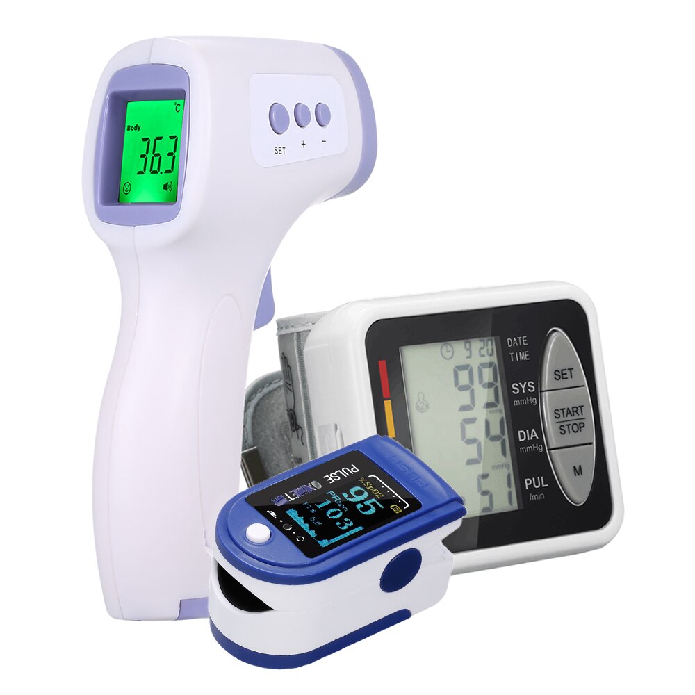 Oximeter Finger Oximetry Heart Rate Monitor + Infrared Digital Thermometer + Blood Pressure Wrist Automatic Tonometer