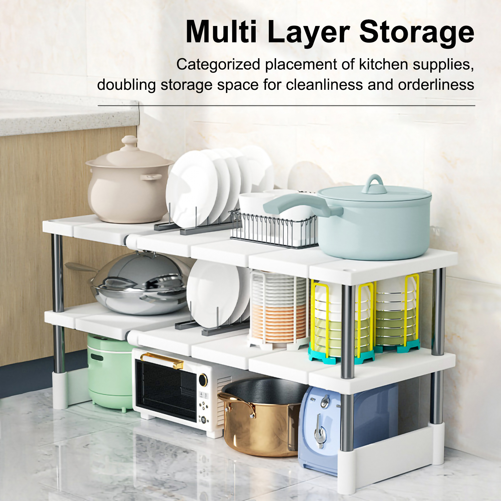 Shelf Under The Sink Stackable Cabinet Stainless Steel Counter Shelves Adjustable Kitchen Multifunction Telescopic Storage Rack