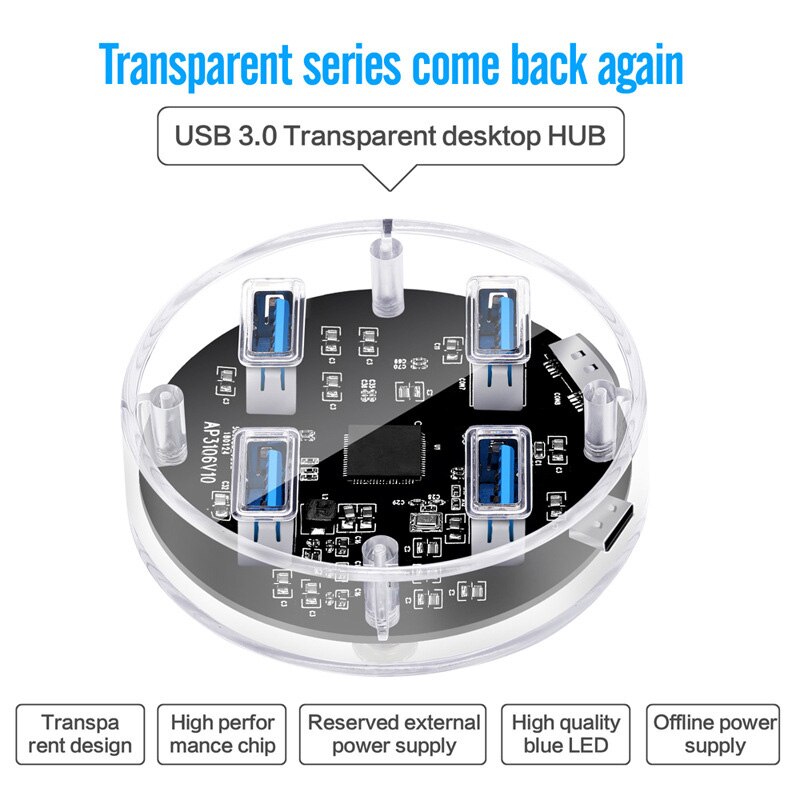 USB 3.0 del Desktop Trasparente HUB, 4 Porte USB3.0 Interfaccia, 5Gbps di Velocità, con Dual-Porta di Alimentazione, per il Computer Portatile Deskop Del Computer