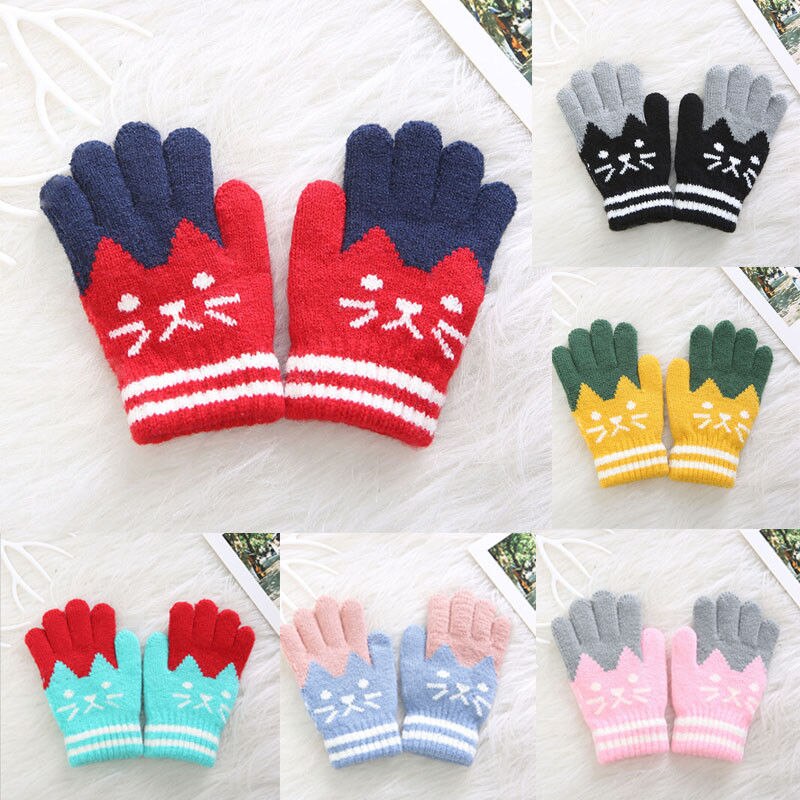 1 Pairs Cute Kids Boy Girl Winter Imitation Cashmere Gloves Warm Cartoon Cat Thick Golves 4-8years
