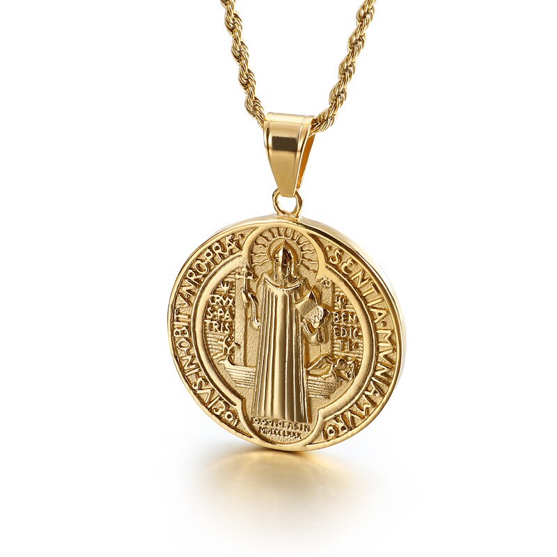 Retro Male Jewelry Gold Jesus Cross Necklaces Round Pendant for Men Him Christian Catholicism Prayer Religious Accessories: B