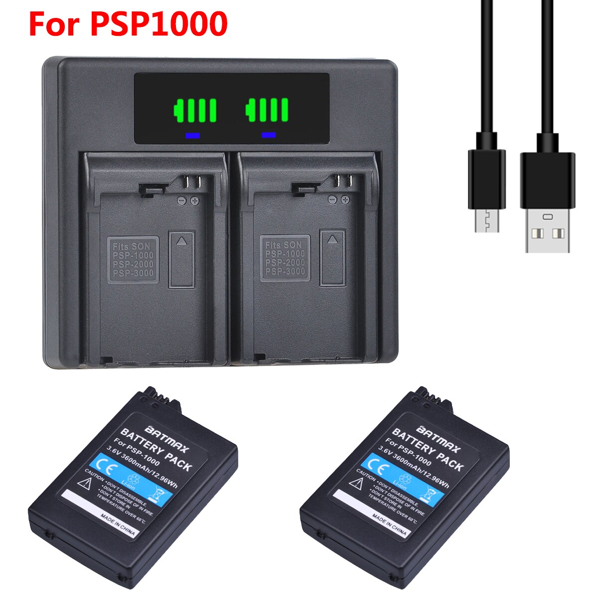 2 stk 3600 mah psp 1000 batteri + hurtigled lader + for psp 1000 psp 1000 psp -110 konsoll gamepad