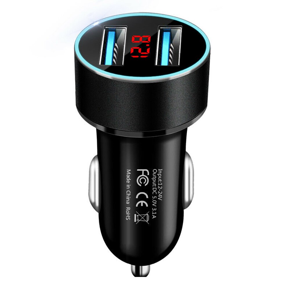 4.8A Led Car Charger Display 2USB Voor Iphone 12 Pro Max Xiaomi Huawei Universele Mobiele Telefoon Snel Opladen Aluminium Auto-Charger: Black