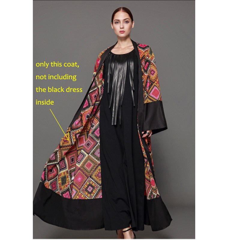 Vintage kontrast print cardigan muslimsk kjole frakke, islamisk kjole abaya / tunika lange klæder kimono ramadan arabisk tyrkisk tobe
