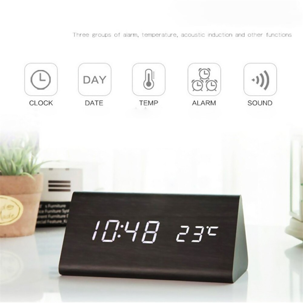 Digital Clock Wood Alarm Clock LED Electronic Display Temperature Humidity Sensing Clocks Bedroom Mirror Time Clock