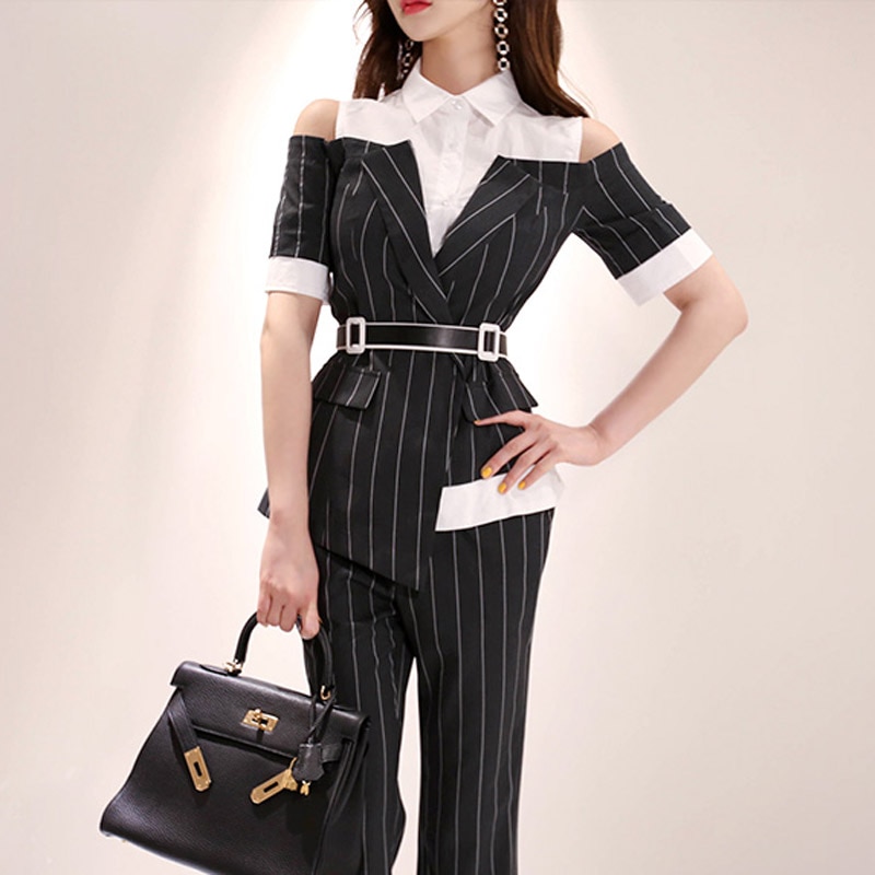 Summer Work Pant Suits OL 2 Piece Set for Women Business interview suit set uniform Short Sleeve Blazer Striped Pant Office Lady