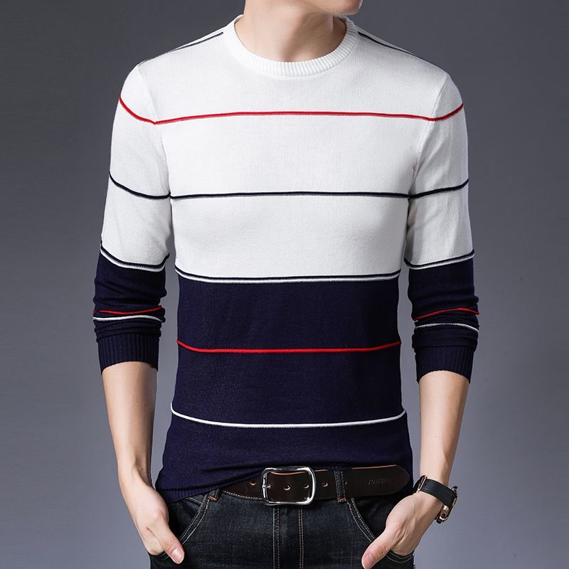 KPOP Style Harajuku Slim Fit Undershirt Casual All Match Knitwear Insert O Neck Stripe Patchwork Long Sleeve Sweaters: M / WHITE