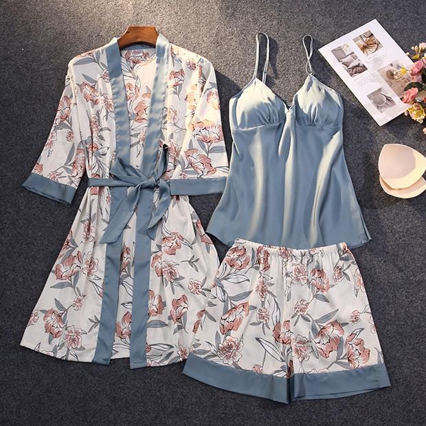 Lady Print Bloem Nighty & Robe Pak Nachtkleding Zijdeachtig Satijn Nachtkleding Kimono Badjas Gown Casual Nachtjapon Thuis Kleding