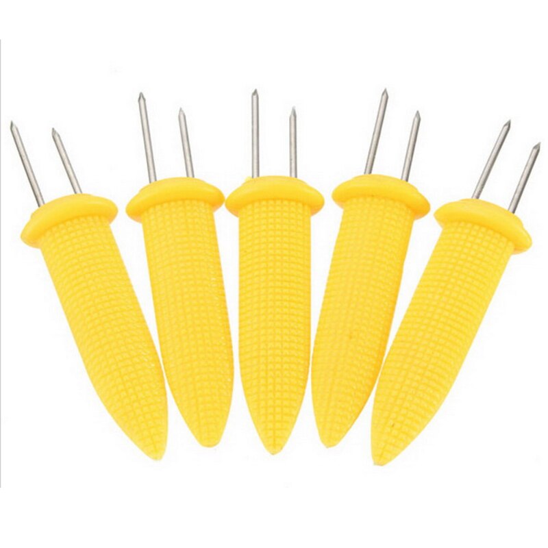 10 stykker gaffel majsspids rustfrit stål majsholdere majskolber spyd frugtgafler grillværktøj (gul)