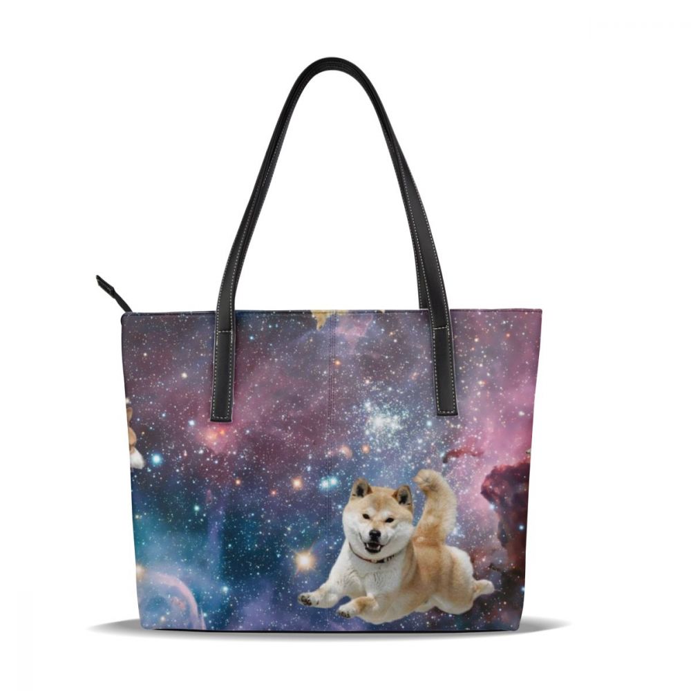 Shiba Inu Tote Taske - Cartoon Mønster - Kunstlæder - Lynlås Lukning - Alsidig Kvinder Håndtaske: Galaxy Dogs