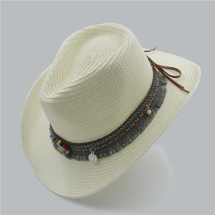 Handarbeit Sommer frauen männer Hohl Western Cowboy Hut Für Gentleman West Wort Cowgirl Jazz Kappe Sommer Stroh Strand Sonnenhut: Cream