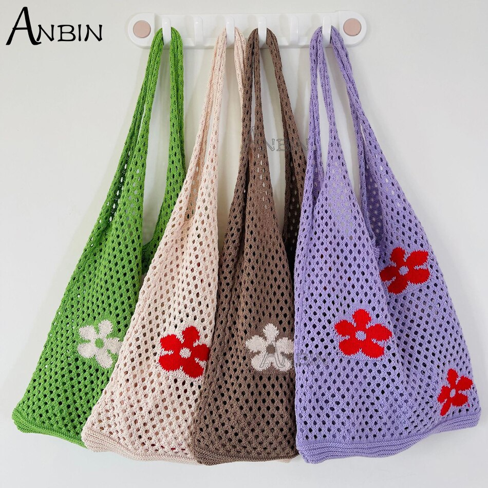 Mode Gebreide Vest Vrouwen Schoudertassen Bloemen Zomer Strand Bakken Gehaakte Tas Grote Capaciteit Vrouwelijke Handtas Shopper