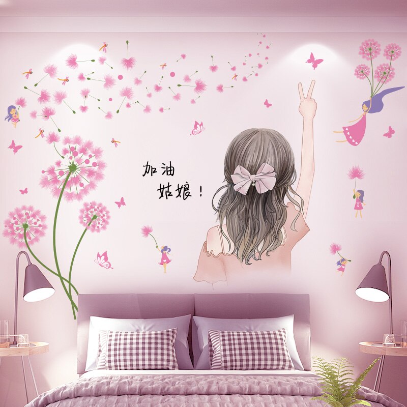 Cartoon Girl Wall Stickers DIY Dandelions Flowers Wall Decor Decals for Living Room Kids Bedroom Kitchen Nursery Home Decoration: girl and flower