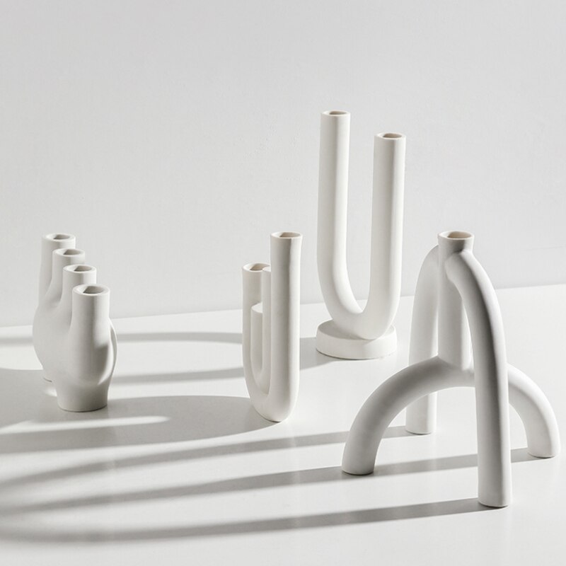 Candelabro de cerámica nórdico, portavelas blanco en forma de U, soporte de vela escandinavo para sala de estar, adorno para el hogar