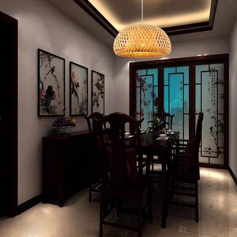 Bamboo Wicker Rattan Lampshade Hand-Woven Double Layer Bamboo Dome Lampshade Asian Rustic