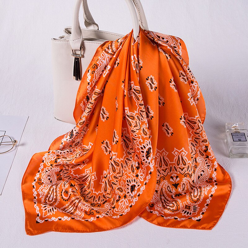 Women Imitation Silk Kerchief Scarves Print Square Neckerchief Office Lady Scarf Muffler Shawl Bag Clothes Accessories: Orange