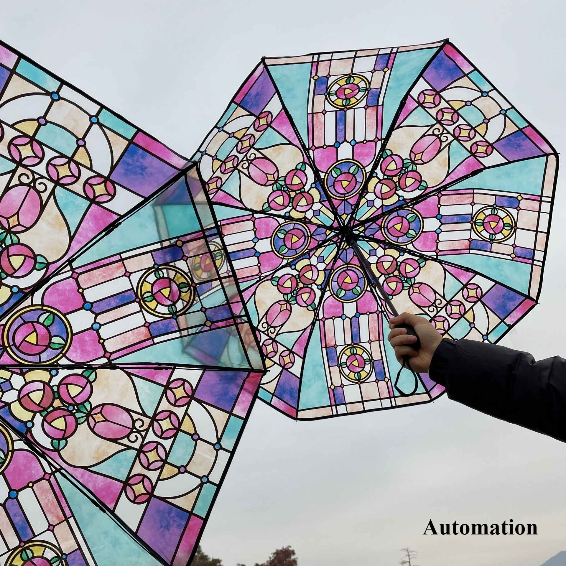 Paraguas transparentes pintados a mano con estampado de vitral, mango largo, sombrilla romántica Unisex para protección solar y lluvia: Rojo