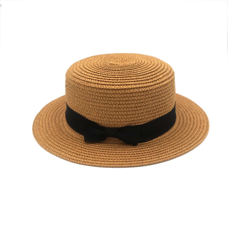 eenvoudige Zomer Vrouwelijke Casual Panama ouder-kind Strand Hoed Dame Vrouwen Platte rand Strik Stro cap glris zonnehoed