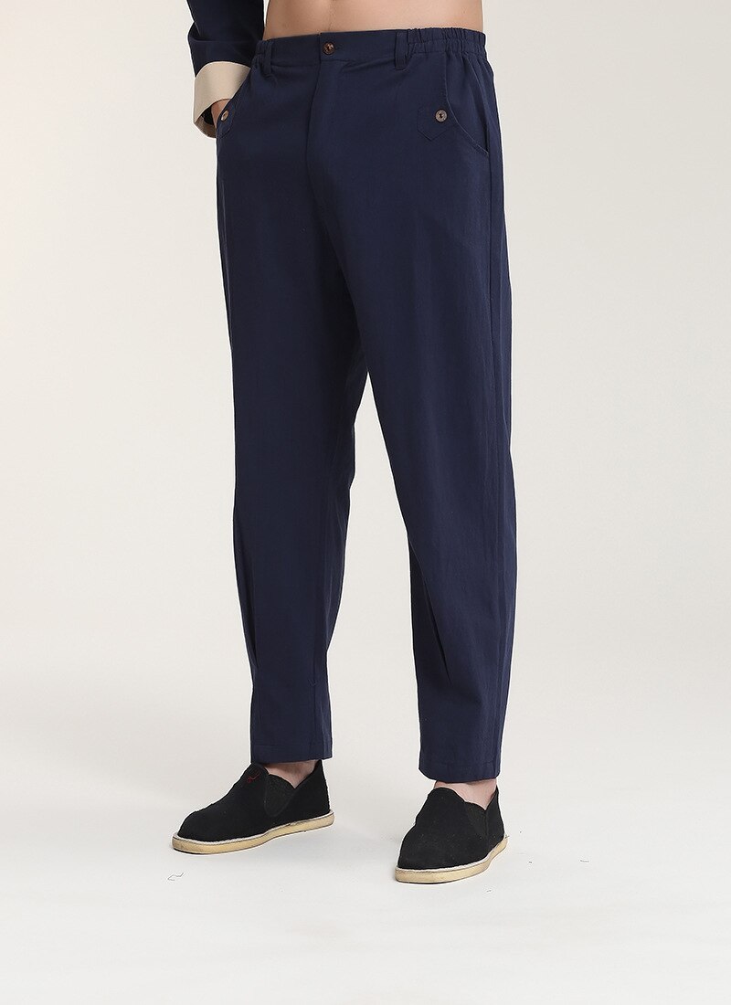 Marineblå kinesiske menn tai chi bukser bomull lin kung fu bukse tilfeldig løse myke bukser med lomme ml xl xxl xxxl