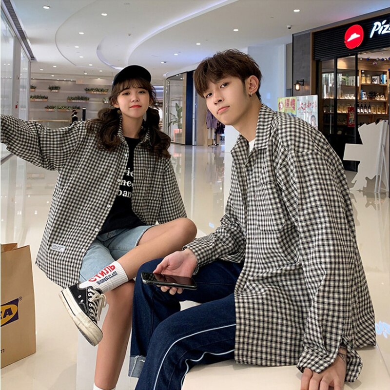 Couple Shirts Men Spring Autumn Harajuku Style Long-sleeved Shirt For Male Loose Plaid Mens Shirts Korean Couple Oversize Jacket