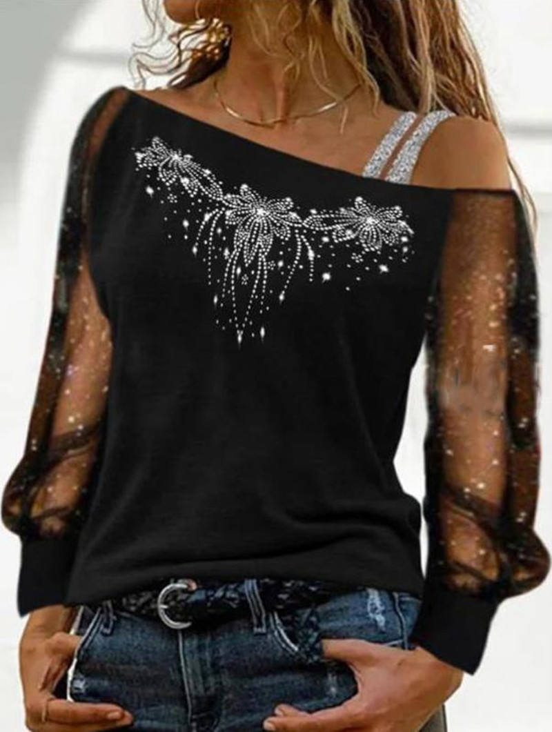 Xs -8xl kanten blouse dames sexy lange mouwen schuine kraag off-shoulder patchwork tops casual herfst diamanten blouses: 4xl / Groente