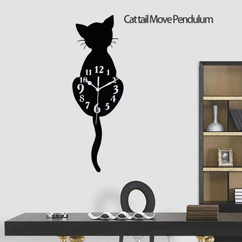 Modern 3D Digital Wall Clock Cat Swinging Tail Non Ticking Pendulum Quartz Clocks Pendulum for Bedroom Home Decor