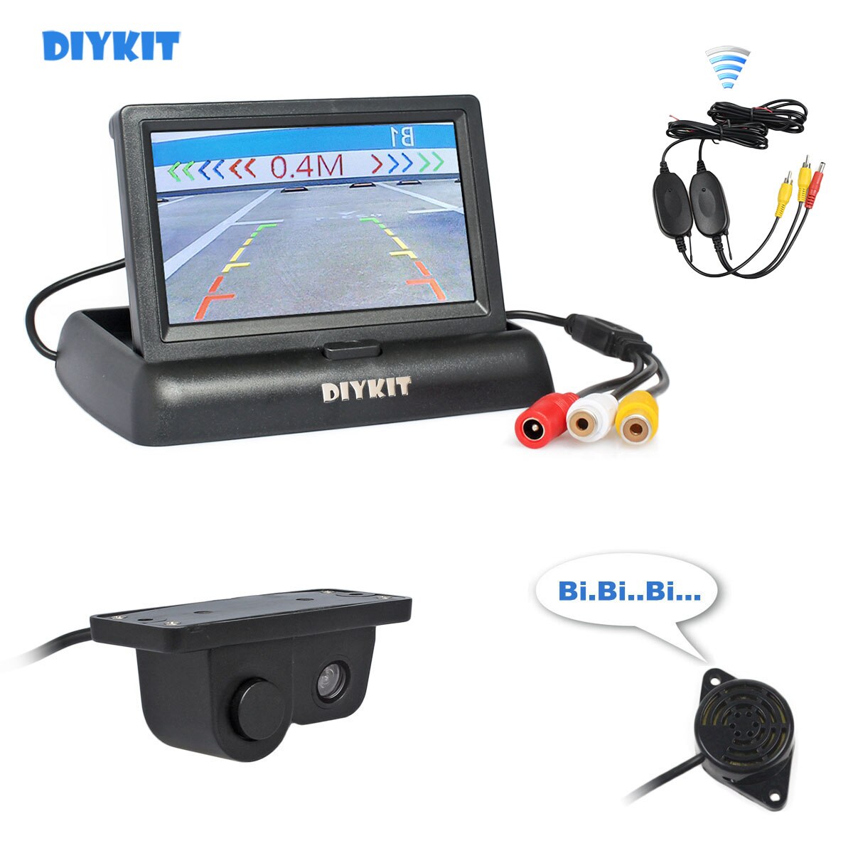 DIYKIT Draadloze 4.3 "Opvouwbaar Kleur TFT LCD Auto Monitor + Waterdichte Parking Radar Sensor Auto Camera Parking System Kit