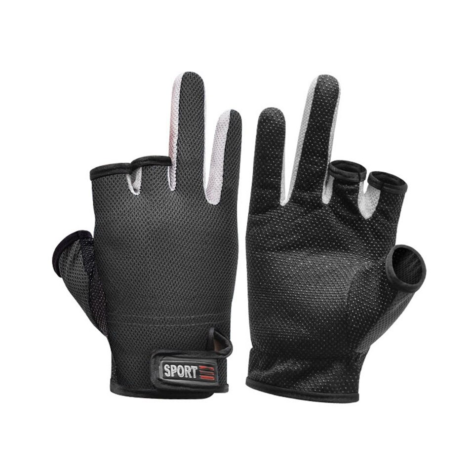 Guantes de pesca antideslizantes para hombre y mujer, equipo deportivo con 3 dedos cortados, para pesca al aire libre, 1 par: Black