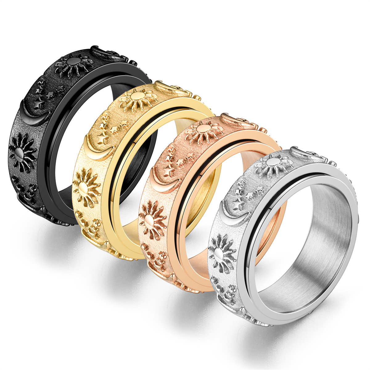 Anillo relajante bohemio con forma de estrella y Luna para hombre, Spinner giratorio de acero inoxidable, anillos antiestrés, joyería