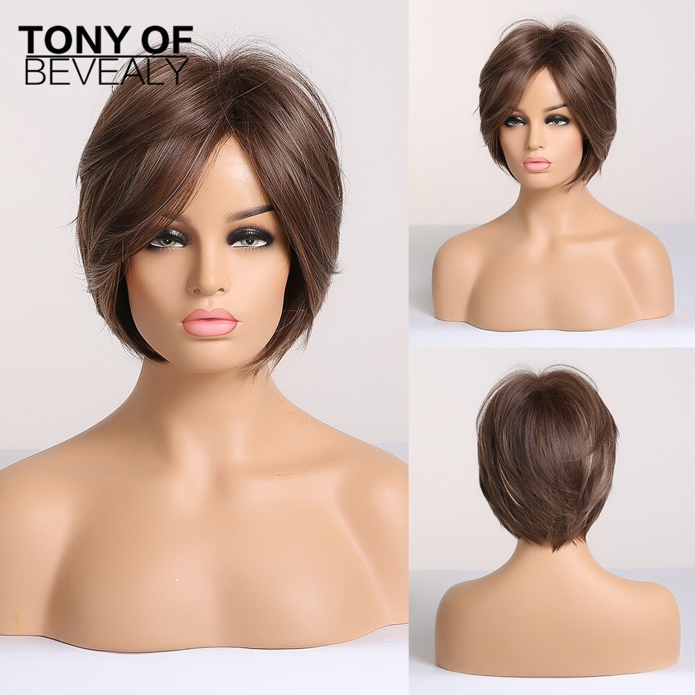 Bob corto-Peluca de cabello lacio Castaño para mujer, pelo sintético con flequillo, capas esponjosas, pelucas para uso diario, fibra resistente al calor