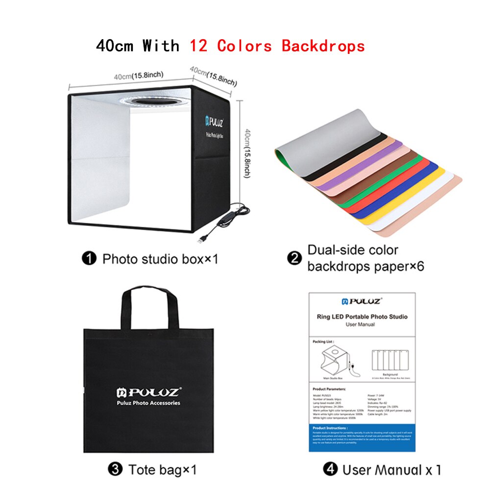 PULUZ – boîte de Studio Photo Portable, 3 modes d&#39;éclairage, photographie, anneau LED, Kit de tente de prise de vue, boîte à lumière de fond 6/12 couleurs Studio de photographie Lightbox, Softbox de décors de 6 couleur